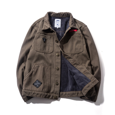 干活穿的牛仔外套男士秋冬季加绒加厚劳保工作服工地耐磨上衣宽松