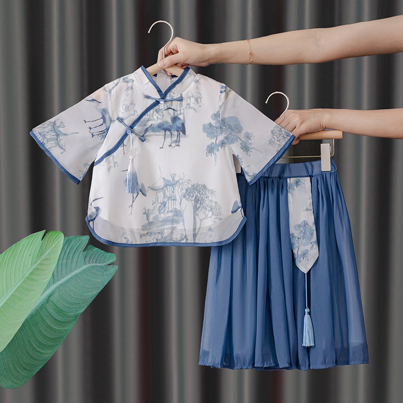 儿童汉服唐装男童礼服女童夏季薄款古风短袖套装新中式古风表演服