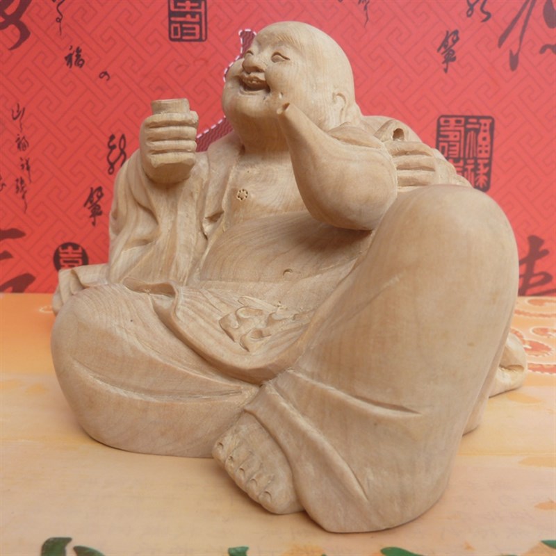 趣味收藏小叶黄杨木雕 佛像工艺品摆件招财纳福 布袋笑佛雕刻件