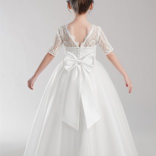 中大童小提琴演奏小女孩钢琴演出服白色花童公主裙蕾丝网纱礼服长