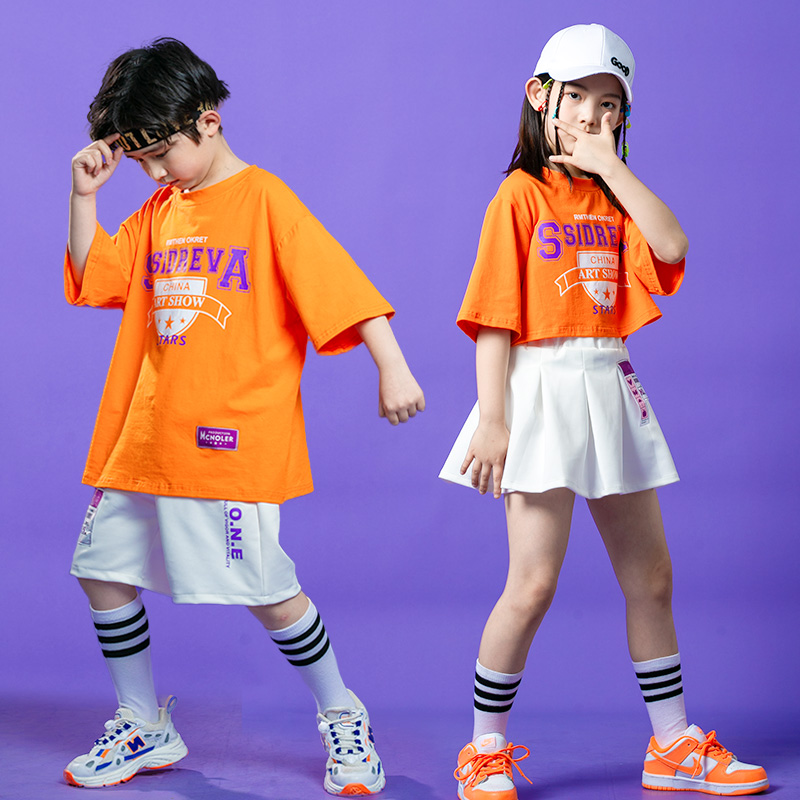 儿童街舞服装男童女童嘻哈啦啦操短袖套装幼儿园六一爵士舞演出服