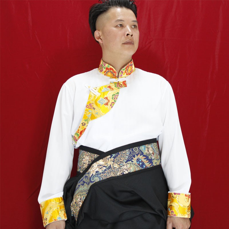 藏族白色衬衣男锅庄舞上衣表演服复古斜扣休闲日常生活装新款藏服