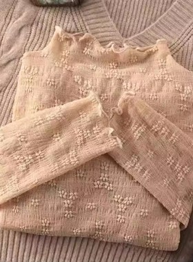 半高领加绒蕾丝钩花打底衫女秋冬新款性感长袖修身内搭木耳边上衣