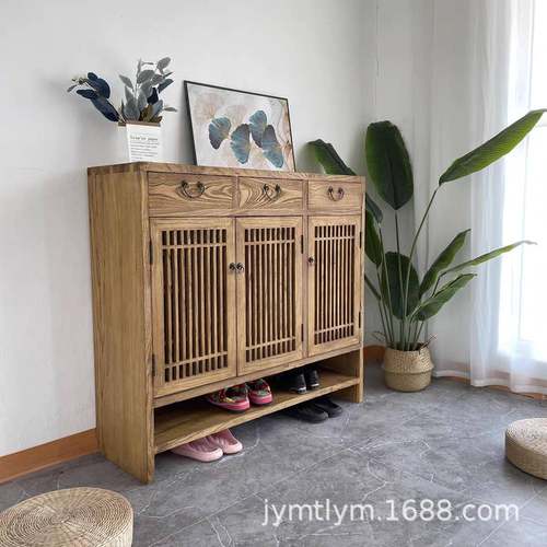 老榆木鞋柜家用现代玄关储物柜实木收纳柜门口大容量鞋柜储物柜