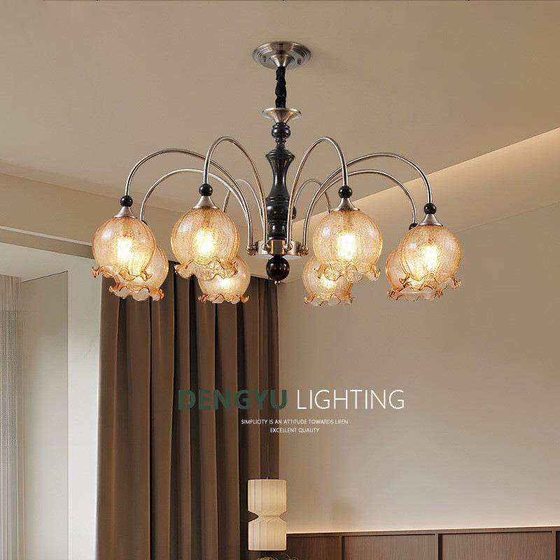 法式中古风客厅吊灯感琥珀色实木餐厅灯复古包豪斯花朵led书房灯