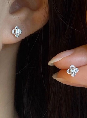 S925银镀白金紫色小花耳钉镶嵌锆石轻奢复古高级感小众ins冷淡风