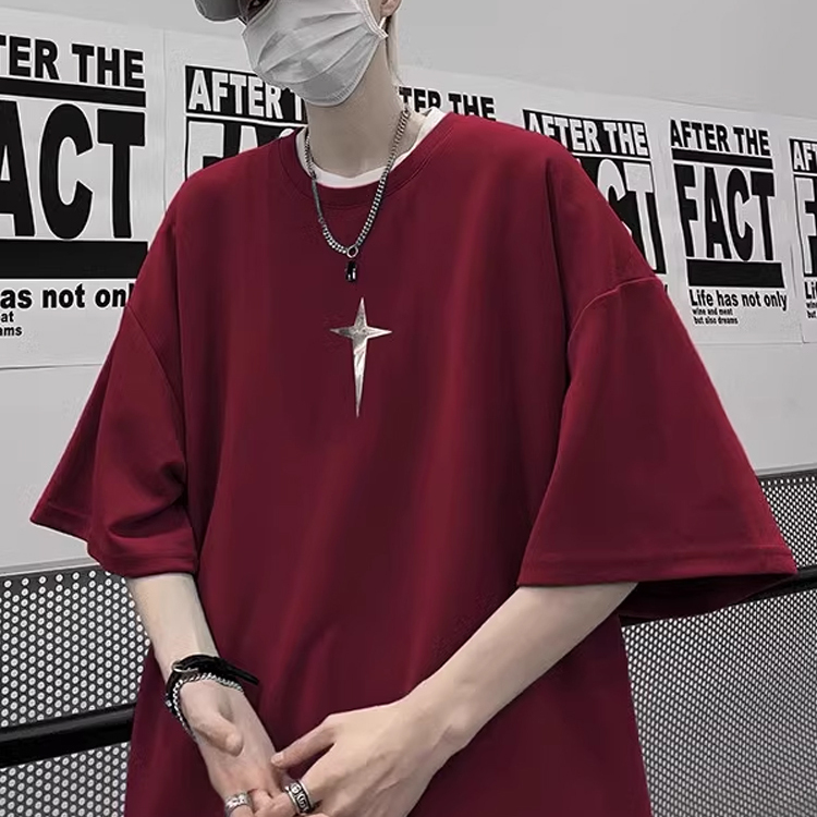 美式复古酒红色t恤男潮牌街头