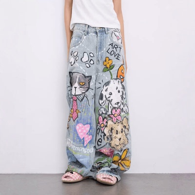 美式复古猫狗趣味手绘涂鸦牛仔裤