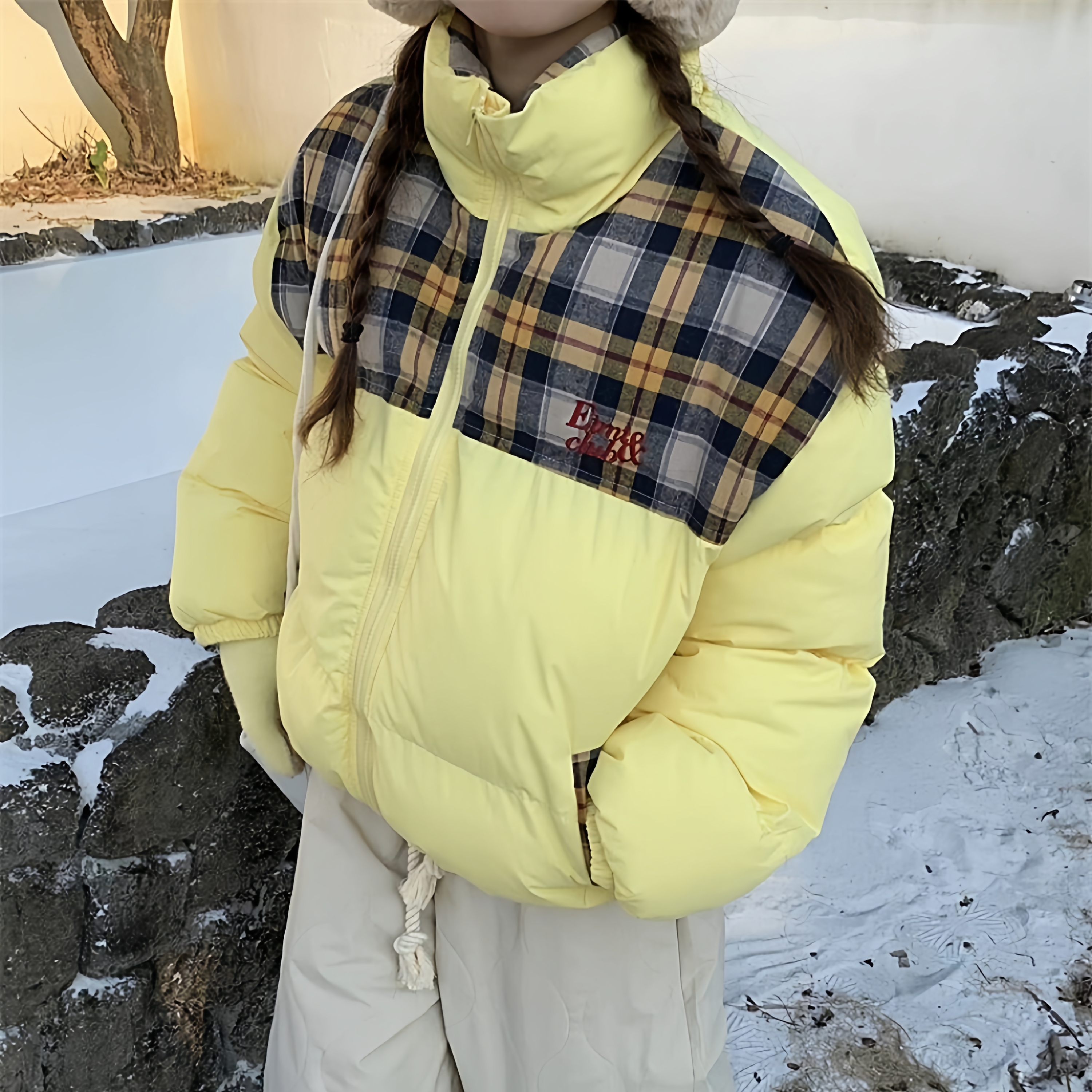 冬季新款韩版拼接格子立领棉服外套男女保暖宽松百搭面包服棉衣女