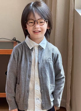 Pawn Tiger2025秋冬新品A类儿童灰色刺绣针织开衫山羊绒针织上衣