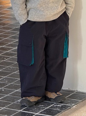 Pawn Tiger2025冬季儿童藏青格纹户外休闲裤撞色大口袋工装加绒裤