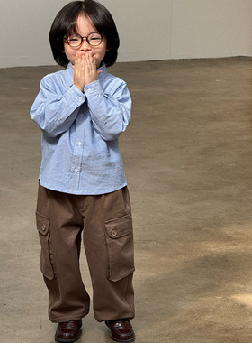 Pawn Tiger2025冬季新款儿童蓝色牛津纺衬衫休闲清新百搭纯色上衣