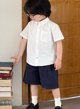 Pawn Tiger2025夏新款儿童学院风白色牛津纺短袖衬衫口袋刺绣衬衫