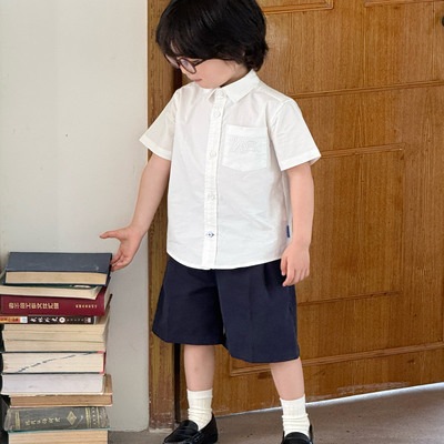 Pawn Tiger2025夏新款儿童学院风白色牛津纺短袖衬衫口袋刺绣衬衫