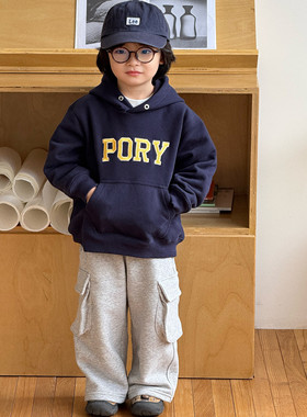 Pawn Tiger2025冬季新款儿童抓绒美式复古卫衣字母刺绣连帽卫衣
