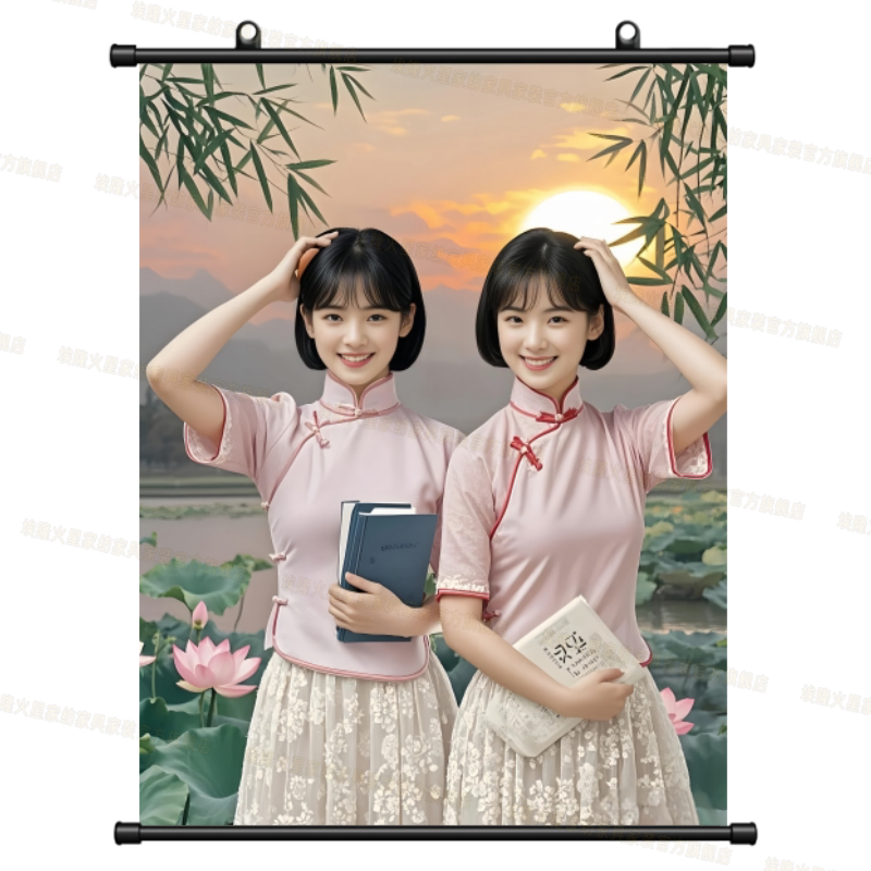 民国双珠美女卷轴挂画中国风简约