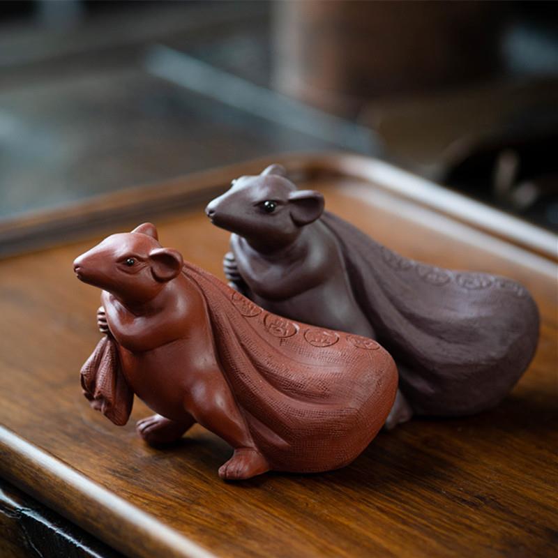 宜兴紫砂茶宠老鼠摆件雕塑代代数钱布袋鼠茶具创意款茶台陶瓷