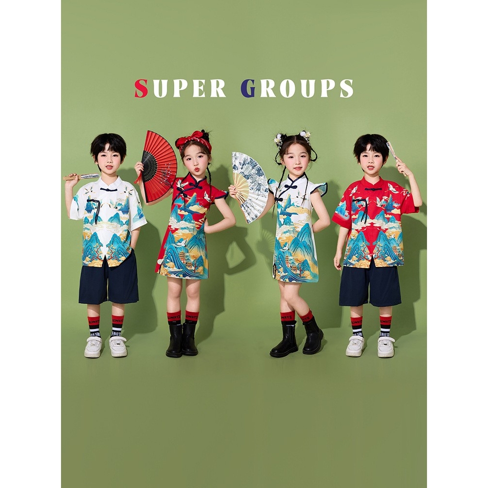 六一儿童演出服套装夏季男童中国风唐装朗诵小学生女童旗袍表演服