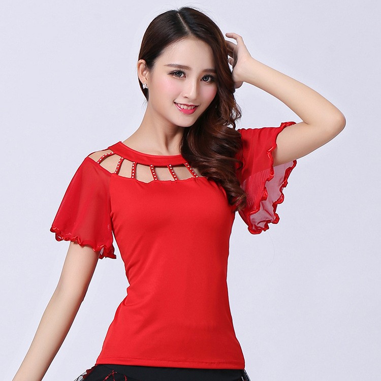 国标舞舞蹈上衣交谊舞衣喇叭袖上衣大码短袖拉丁摩登舞练习服上衣