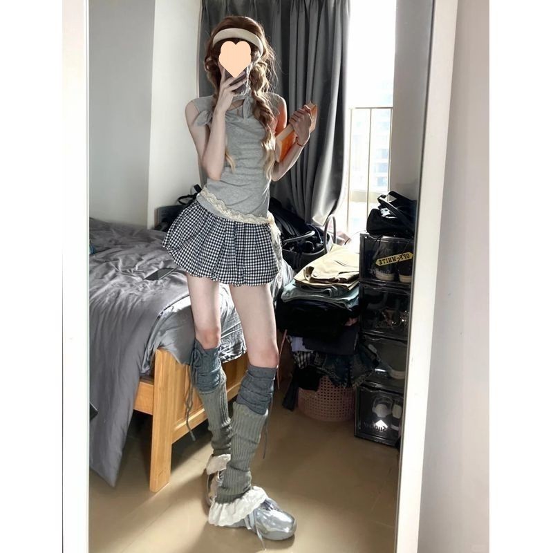 套装女2025夏季新款辣妹芭蕾风蝴蝶结背心T恤上衣高腰格子半身裙