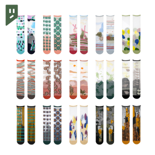 春夏薄款冰丝棉底玻璃水晶丝中筒袜子女甜美碎花艺术透气百搭复古