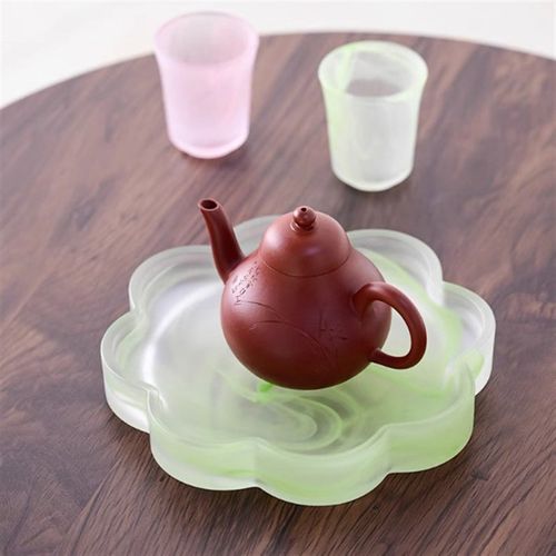 中式茶托水墨茶杯托盘粉色茶台玻璃茶盘琉璃壶承托盘茶舍茶器