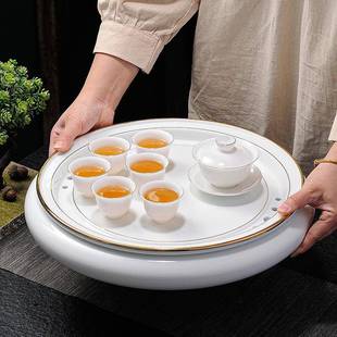 奢羊脂玉瓷陶圆形青花瓷14英寸羊瓷台14英寸手绘轻扁茶茶盘储水简