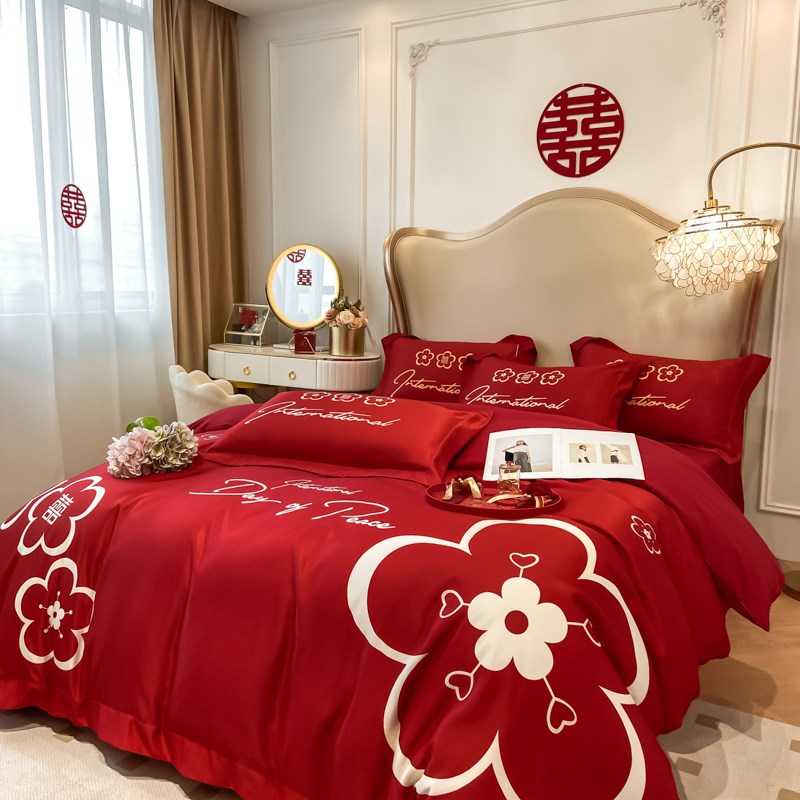 新品高档礼盒装婚庆四件组红色喜被结婚被套床单18m床笠款婚床品