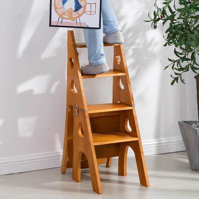新款实木梯椅加厚家用多功能摺叠梯子椅子室内移动登高梯子两用四