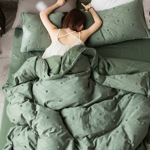 伯根绿 60支微磨绒纯棉四件套 点点剪花大提花纯色双人加大被套2m