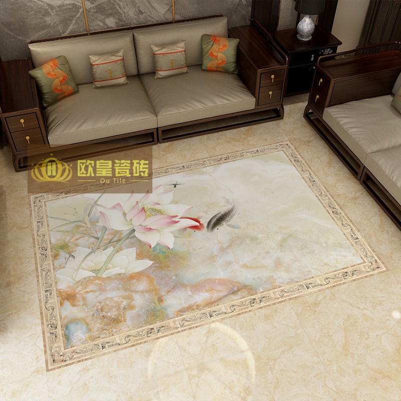 新中式客厅地砖拼花荷花造型餐厅过道入户玄关大理石瓷砖800x800