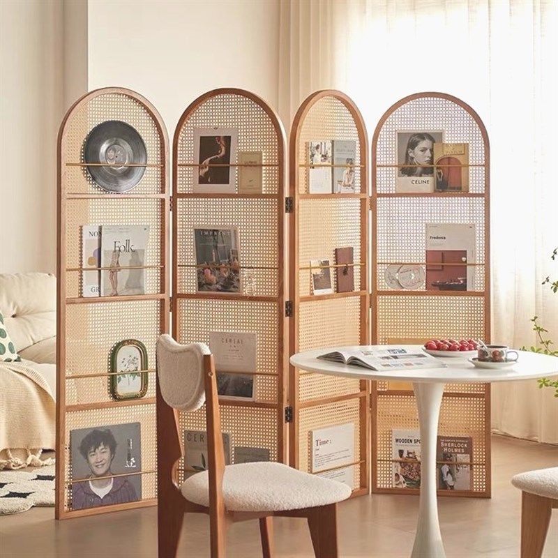 日式藤编屏风隔断客厅实木折叠移动小户型遮挡入户简约杂志书架
