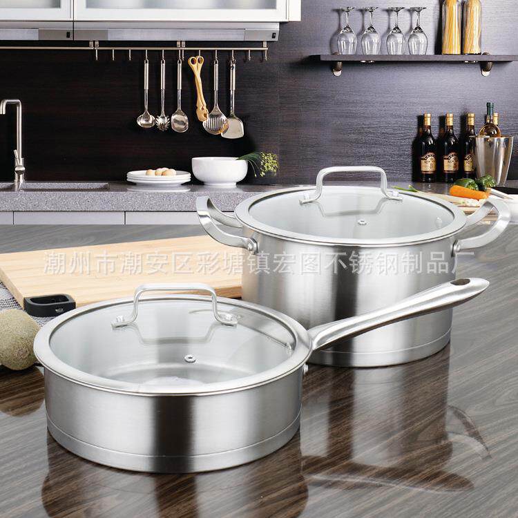 不锈钢两件套汤锅 三层复底煎炒锅厨具礼品家用套锅 直角蒸锅