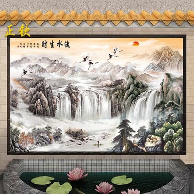 中式山水画瓷砖背景墙庭院影壁墙农村室外迎门墙照壁墙砖流水生财