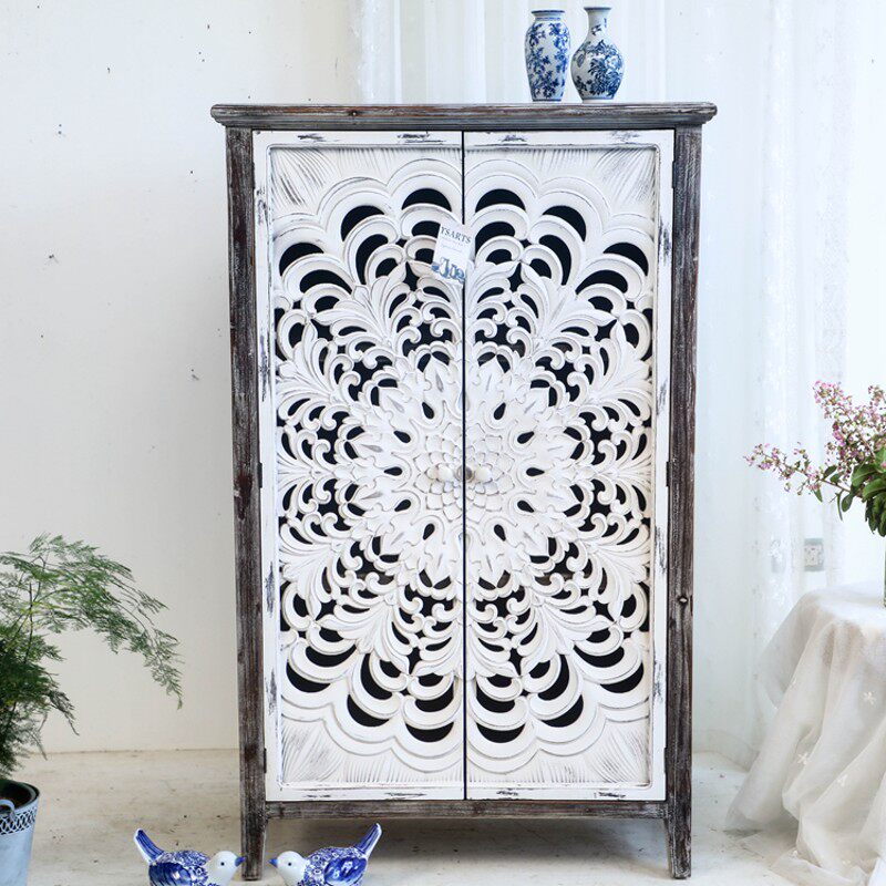 美式法式摩洛哥风格仿古雕刻家具实木做旧雕花三层双门大柜装饰柜