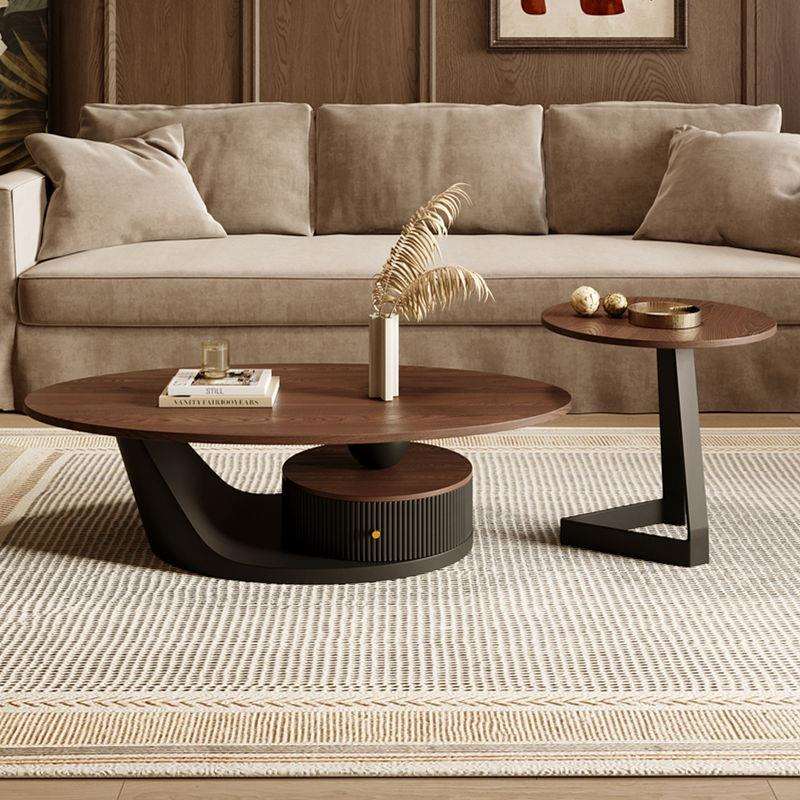 椭圆形轻奢实木层板岩板茶几组合中古风新款家用客厅小户型奶油风