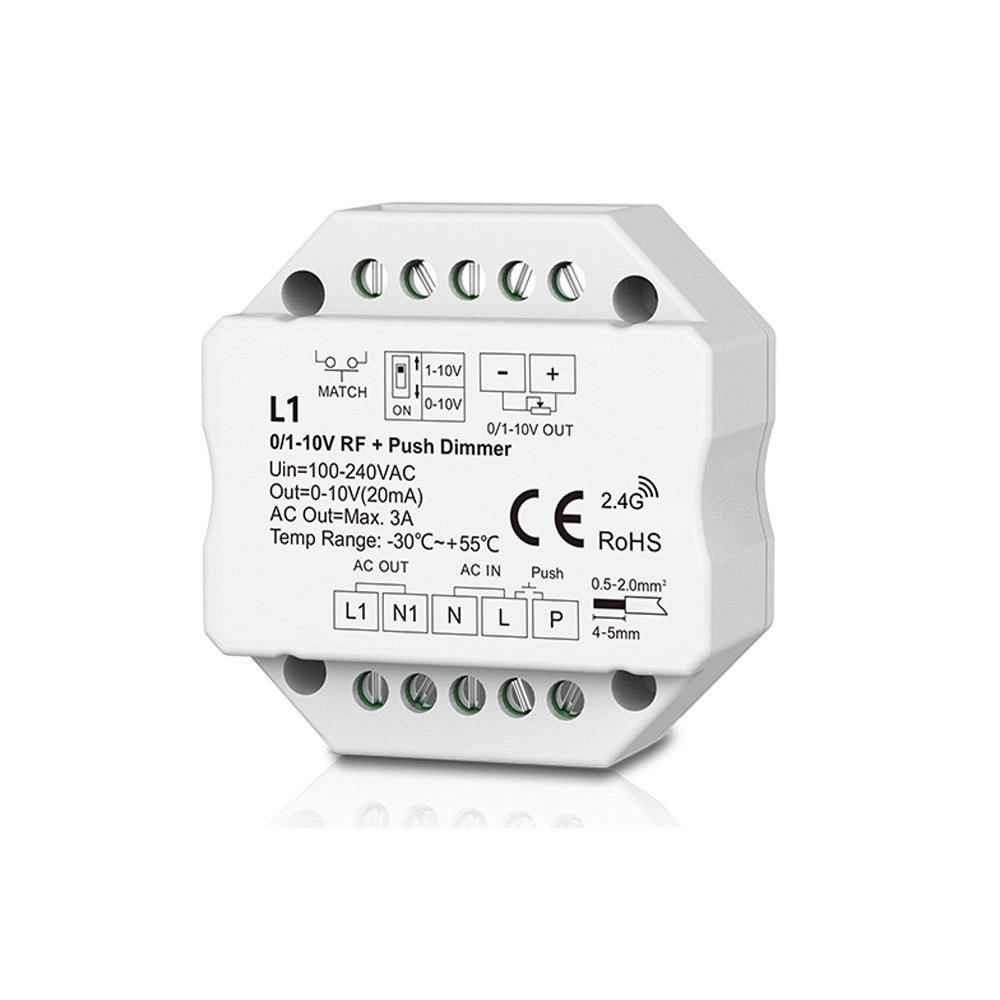 ZigBee+ PUSH 2.4G RF遥控或 AC⾃复位开关调光 0/1-10V调光器 L1