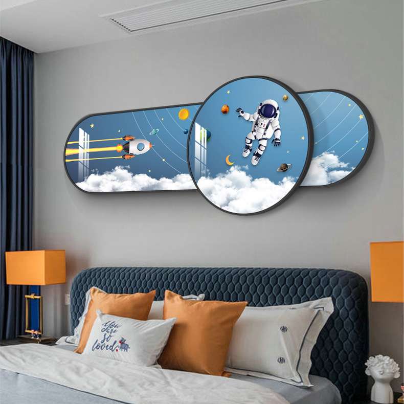 儿童房装饰画宇宙飞船创意个性墙画太空人男孩卧室床头圆形叠加画图片