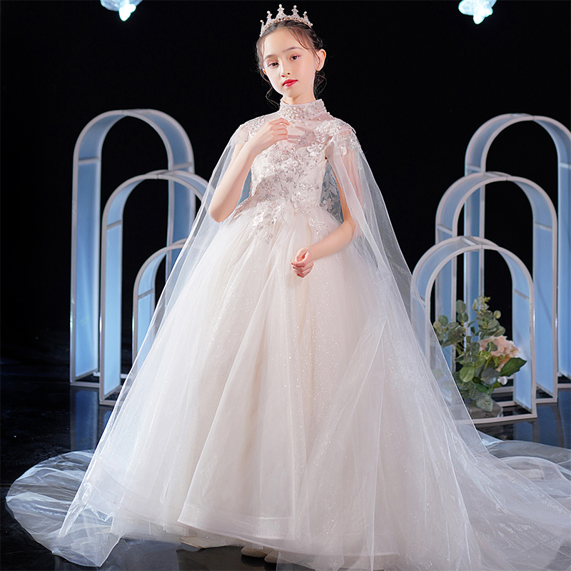 儿童拖尾晚礼服公主裙花童高端十岁婚纱H女童主持人女孩钢琴演出