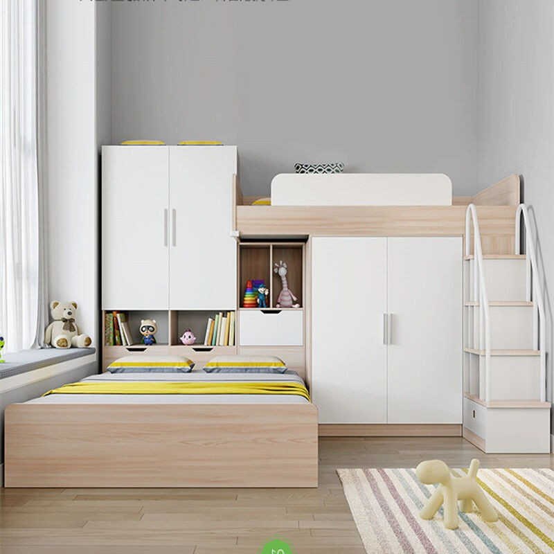 小户型多功能实木儿童上下铺带衣柜书桌一体错位组合床交错式定制
