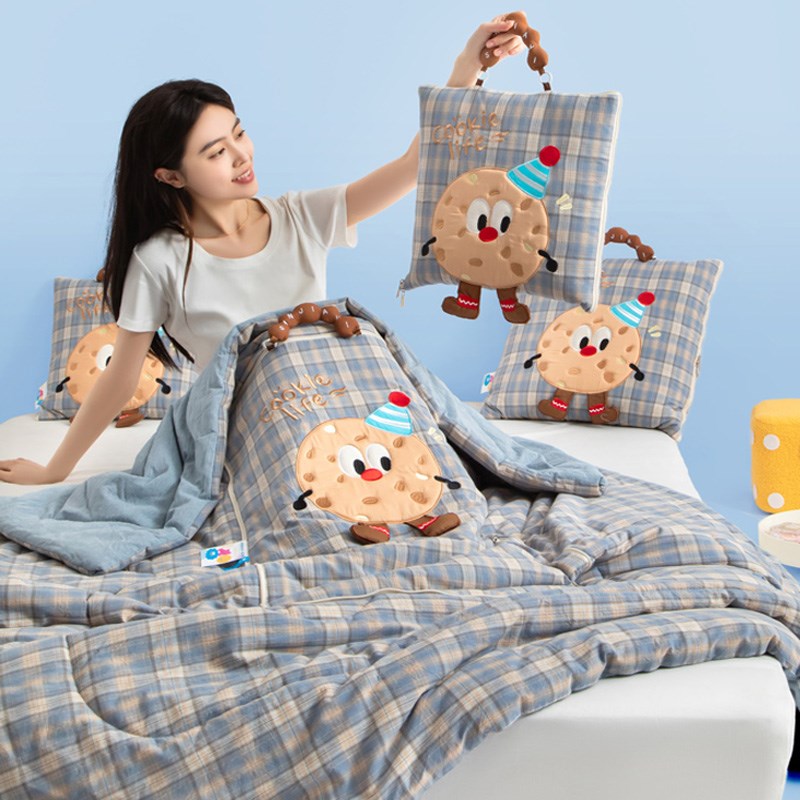 全棉色织抱枕被子两用二合一午休空调被幼儿园学生午睡夏凉被