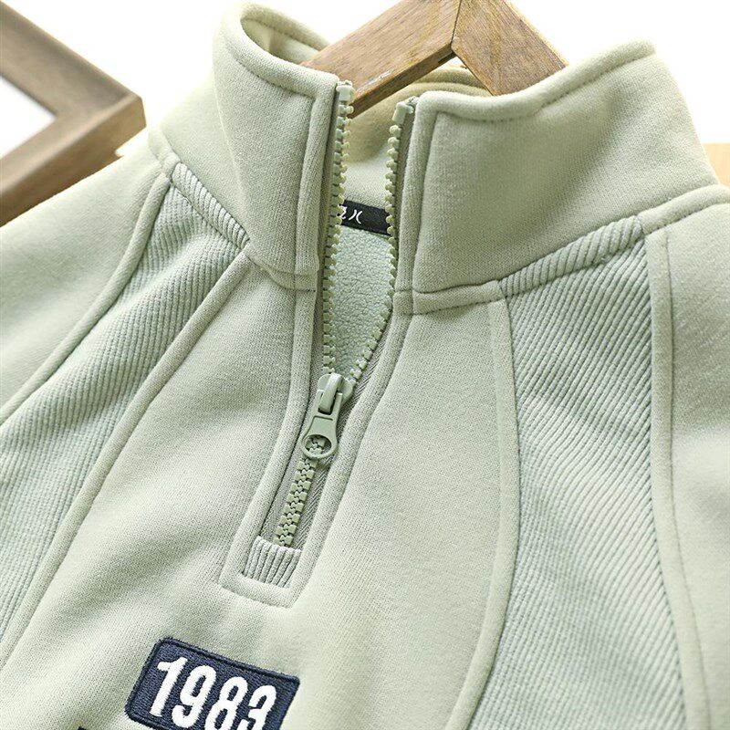 男孩加绒半拉链洋k气立领卫衣男童一体绒加厚上衣2024冬季新款童