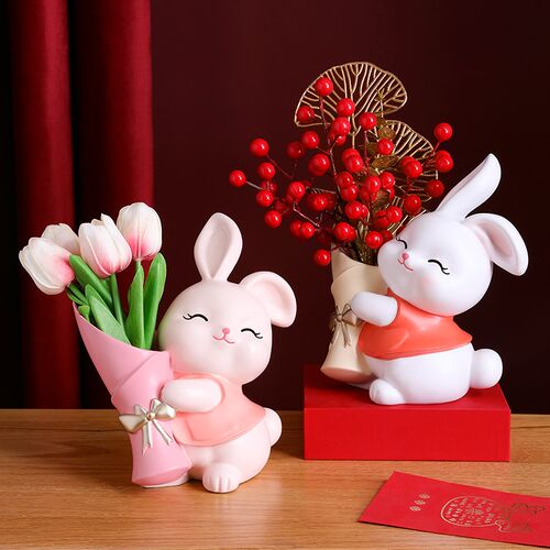 奶油风捧花兔子j玄关客厅飘窗摆件家居桌面电视柜装饰乔迁新居礼