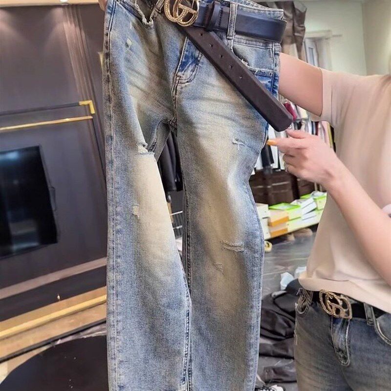 2026年夏季薄款高腰弹力v破洞直筒牛仔裤女大码遮肉显瘦八分烟管
