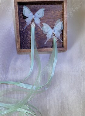 古风仙气薄纱绿色j系多层蝴蝶儿童汉服手工中国风发夹飘带流苏配