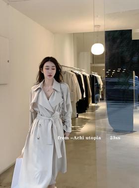 CHI大也池白色宽松长风衣女垂感长袖百搭双排扣显瘦外套气质大衣