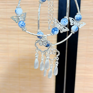 爆款青花瓷配色古风祥云流苏手链女小众设计新中式平安福牌