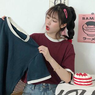插短袖T上恤女撞夏季宽松打底衫女休闲情侣色衣女色 韩国女装