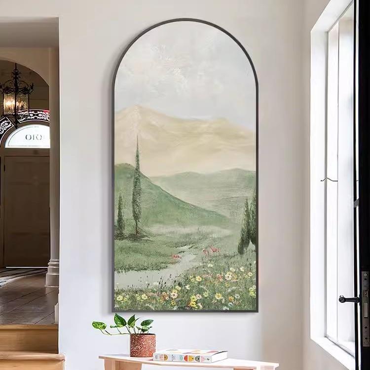 北欧小清新肌理走廊挂画小鹿绿植风景竖版餐厅玄关装饰画手绘油画图片