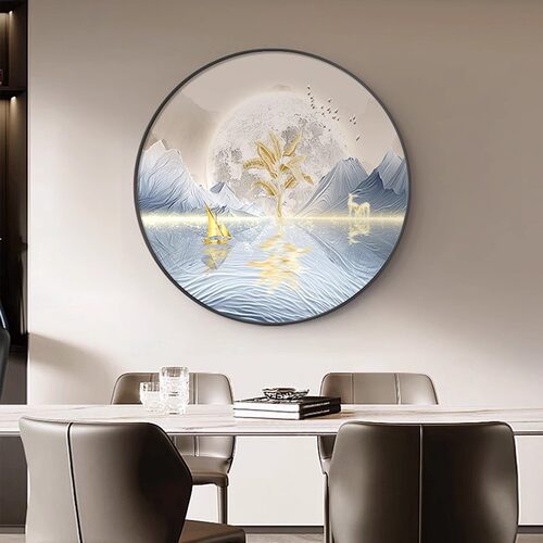 圆形山水挂画客厅装饰画喷绘现代油画布轻奢玄关油画铝合金高级感